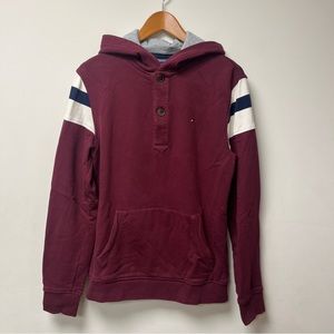 Tommy Hilfiger Hoodie Sweatshirt Mens Medium Varsity Henley Button Down Burgundy